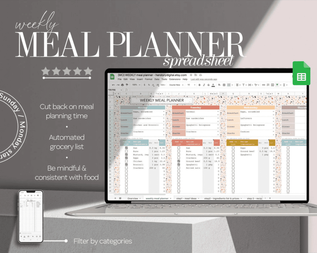 Weekly meal planner spreadsheet for saving money on groceries